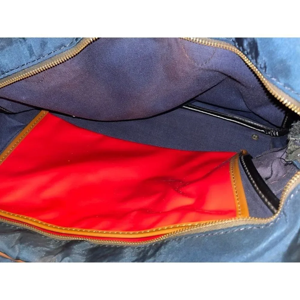 Vintage Overnight Bag canvas with leather trim navy and leather 17” x 11”